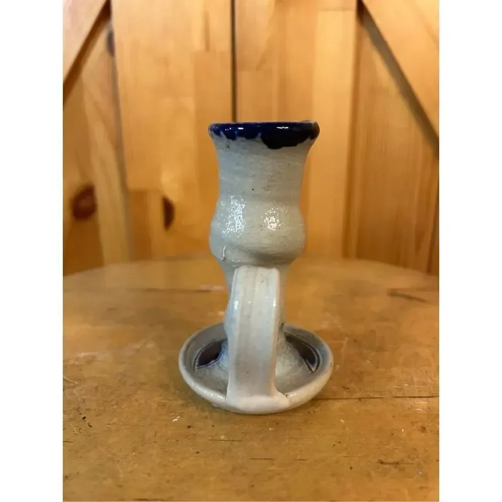 Salt Glaze Pottery Chamberstick Candle Holder with Cobalt (8186)
